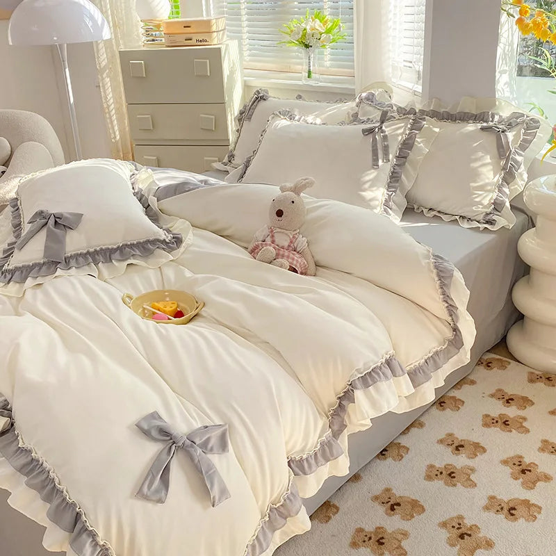 Pink Lace Ruffle Bowknot Duvet Cover Bed Skirt Linens Pillowcases Luxury Bedding Set For Girls Woman Decor Home