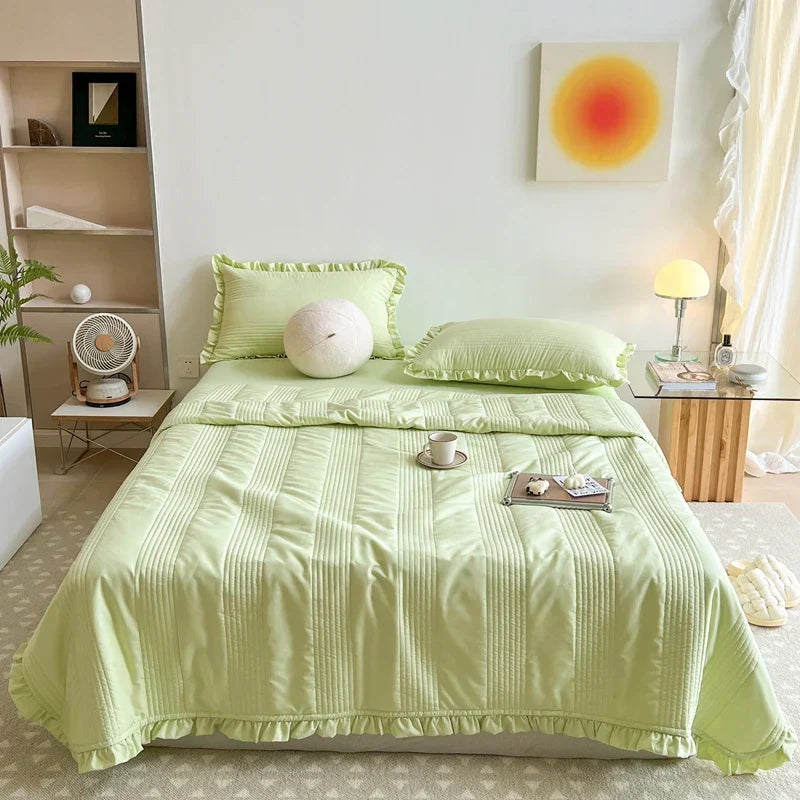 INS Style White Pink Quilted Ruffles Quilt Blanket Bedspread Washed Solid Color Korean Princess Style Summer Thin Quilt 1/3Pc