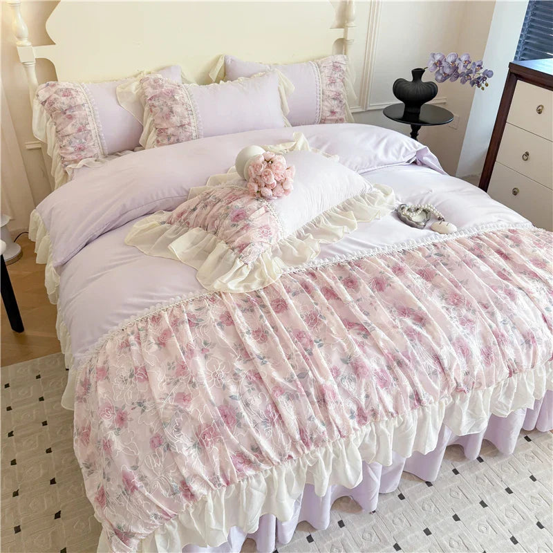 Princess Style Duvet Cover Sets with Lace Embroidery Bed Cover for Girls  Queen/King Size 이불커버 Soft Pink Bedding with Ruffles