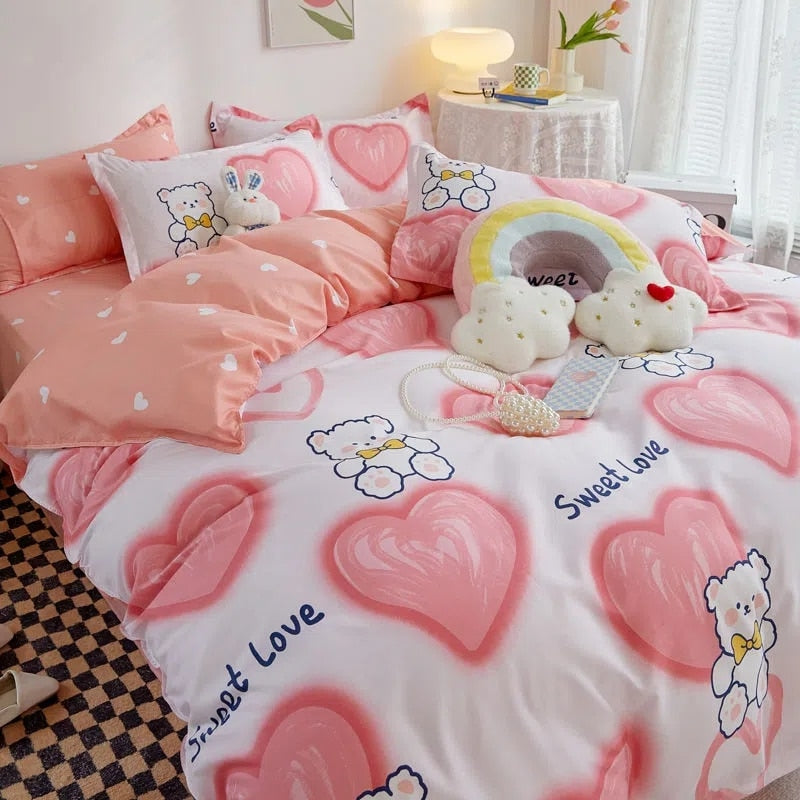 Ins Princess Pink Heart Duvet Cover Home Textile Pillow Case Bed Sheet Kids Girls Bedding Covers Set King Queen Twin Cute Kawaii