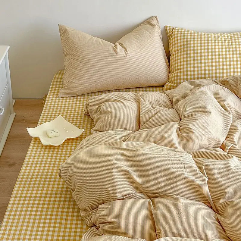 Green Nordic Bedding Set Ins Plaid Girls Boys Double Queen Size Duvet Cover Flat Sheet Pillowcase New No Filler Bed Linens