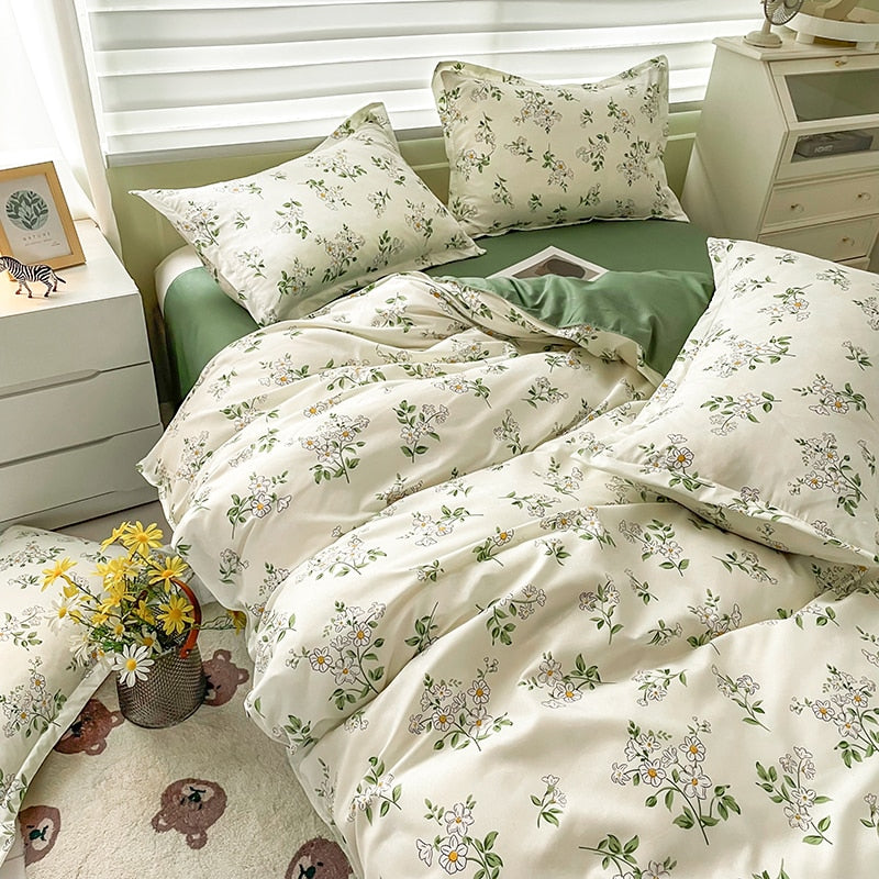 Soft Bedding Set Nordic  Washed Cotton Linen Duvet Cover  Plant Pattern Home Textile Queen King Cover Pillowcase Bed