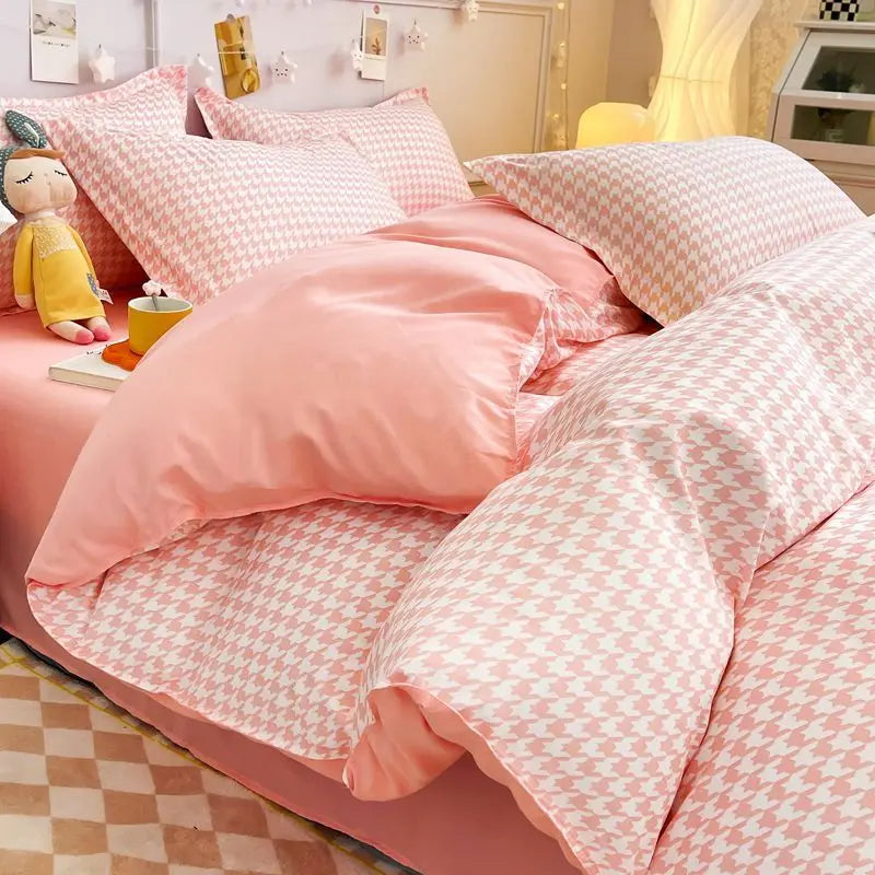 Japanese Style Duvet Cover Set No Filler Blue Plaid Pillowcase Flat Sheet Nordic Single Queen Size Bedding Set