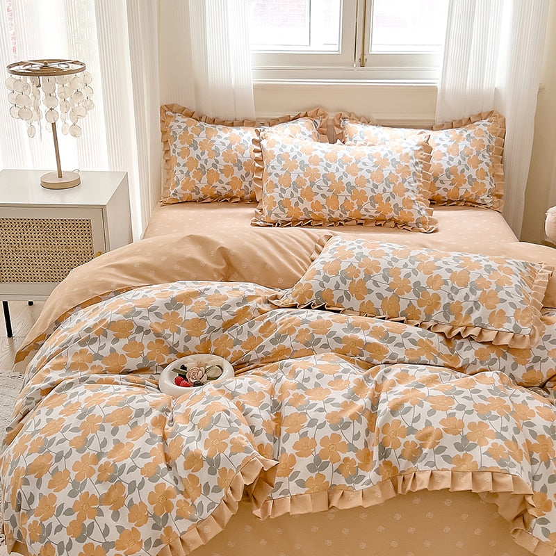 Korean Princess Style Ruffles Bedding Set Duvet Cover Set Flower Printing Quilt Cover Bed Sheet Or Fitted Sheet With Pillowcases