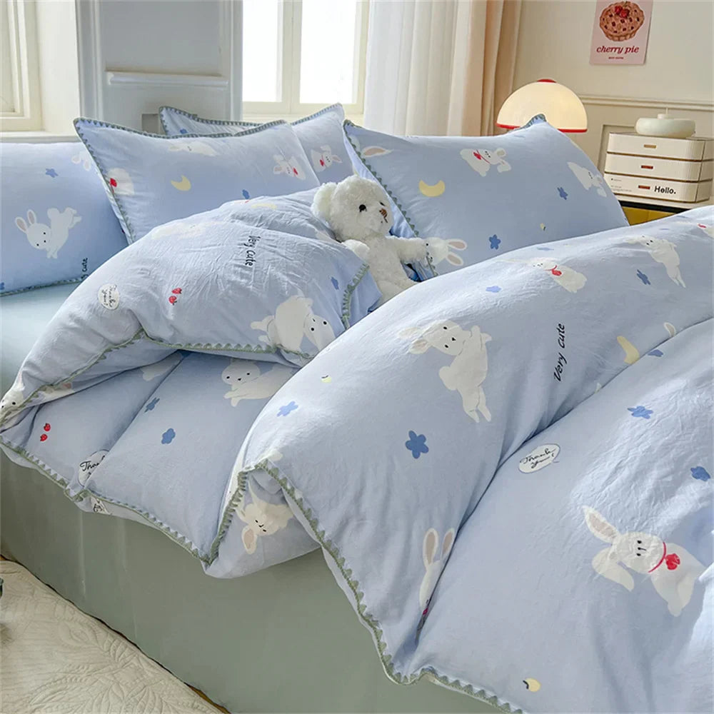 Washed Cotton Duvet Cover Purple Cherry Bed Sheet Pillowcase for Adults and Kids Home Textiles Four-piece Bedding Set