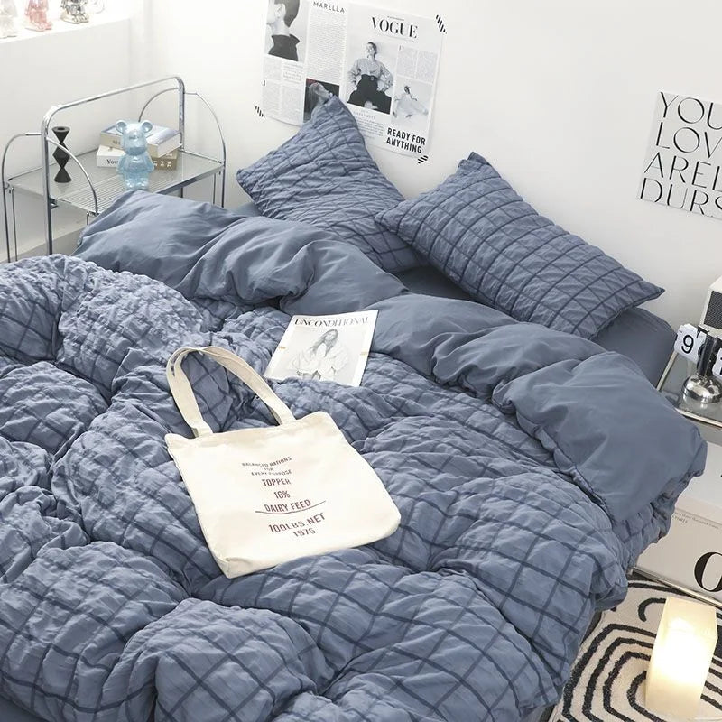 INS Girl Blue Bedding Sets Solid Color Seersucker Ruffles Lace  Kawaii Soft Sheet Woman Duvet Cover Pillow Covers Quilt Cover