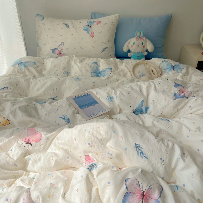Korean Style Cute Bedding Set For Girls Bed Linen New Skin Friendly Fresh Flora Printed Washed Cotton Duvet Cover Set