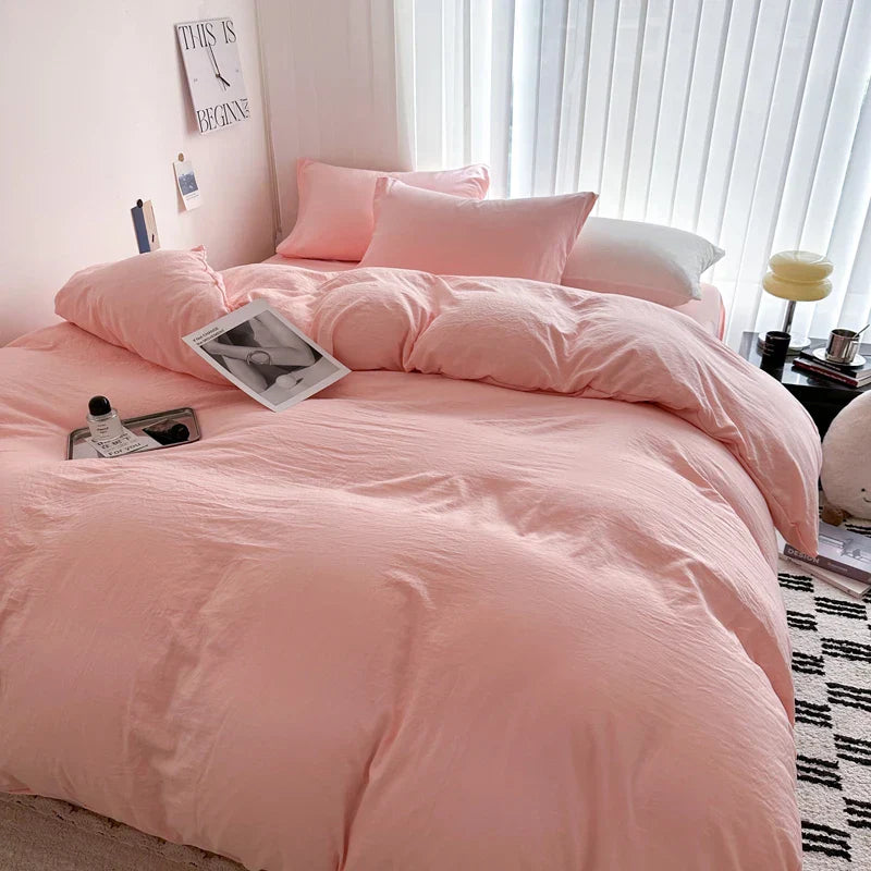 Solid Bed Linen Cotton Bedding Set with Sheet Duvet Cover Pillowcase Single Couple Bedsheet King Queen Double Twin Size