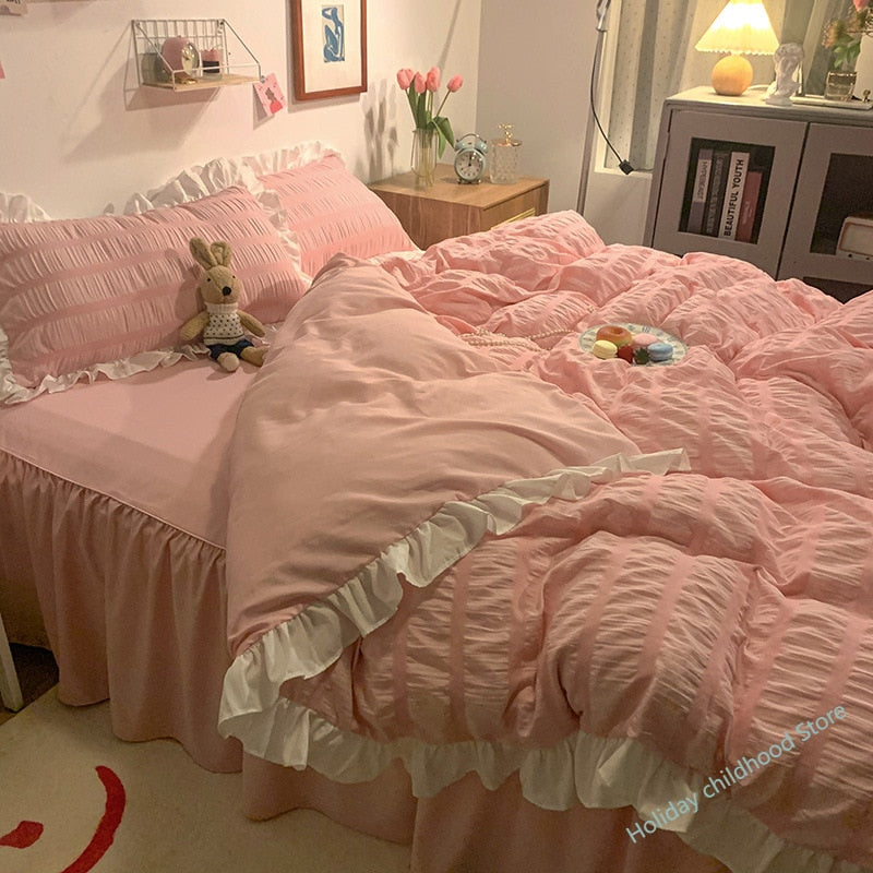 Ruffled Seersucker Duvet Cover Set 3/4pcs Soft Lightweight Down Alternative Grey Bedding Set with Bed Skirt and Pillowcases