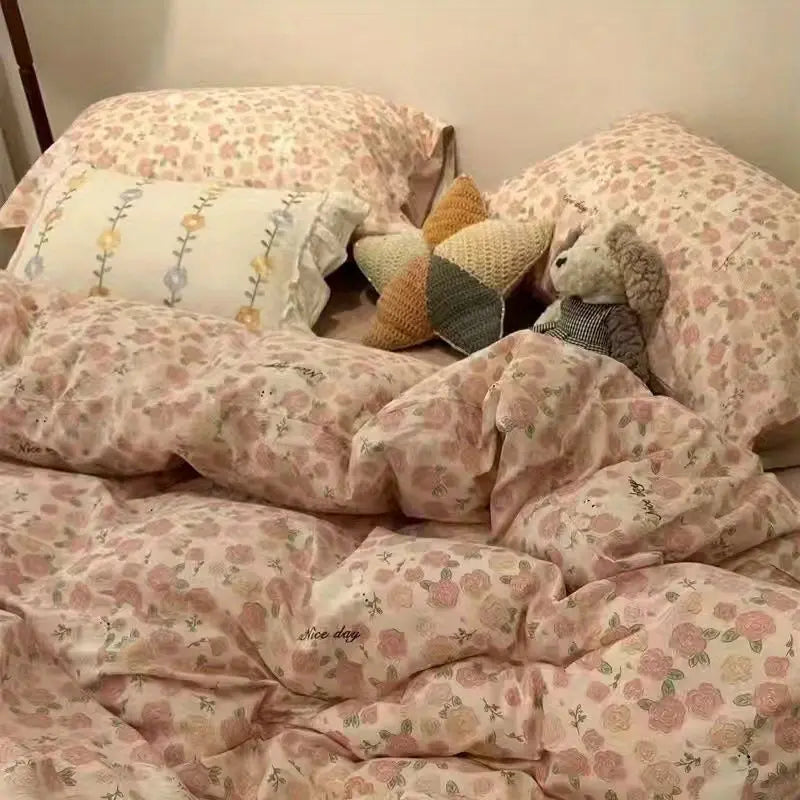 Ins Retro Flower Bedding Set Flat Bed Sheet Pillowcase Twin Full Queen Size Bed Linen Women Girls Caramel Floral Duvet Cover Set
