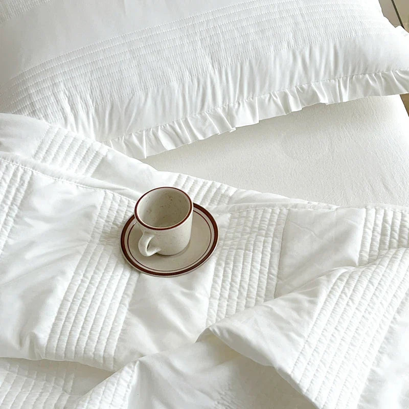 INS Style White Pink Quilted Ruffles Quilt Blanket Bedspread Washed Solid Color Korean Princess Style Summer Thin Quilt 1/3Pc