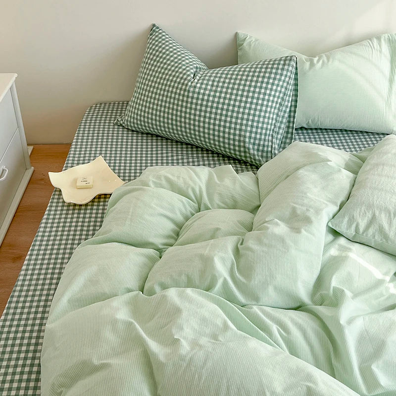 Japanese Simple Stripe Quilt Cover Washed Cotton Bed Sheet Pillowcase Twin Full Queen Bed Linen Adult Duvet Cover Set No Filler