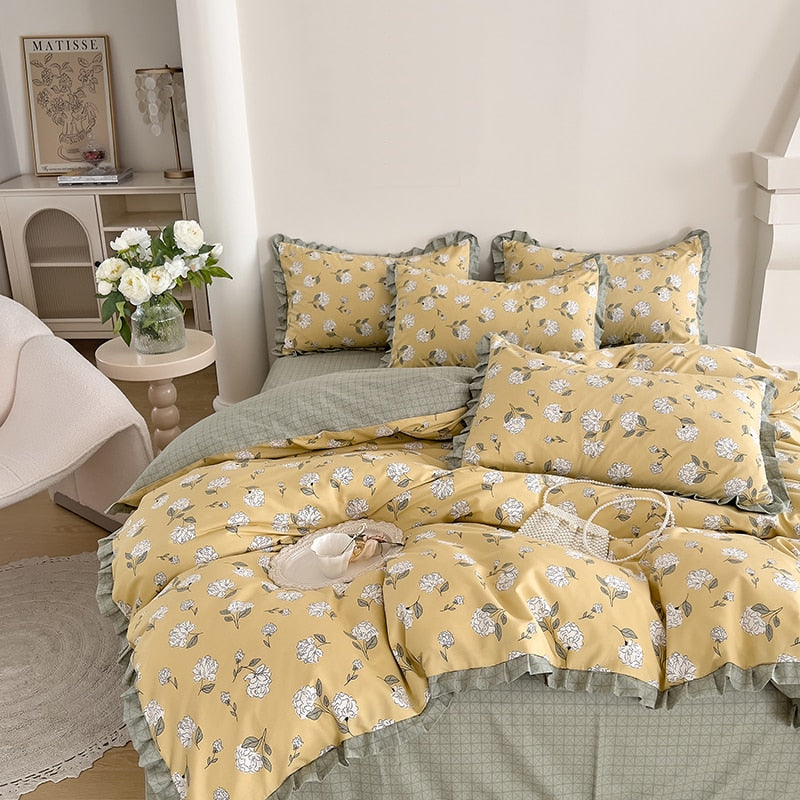 Korean Princess Style Ruffles Bedding Set Duvet Cover Set Flower Printing Quilt Cover Bed Sheet Or Fitted Sheet With Pillowcases