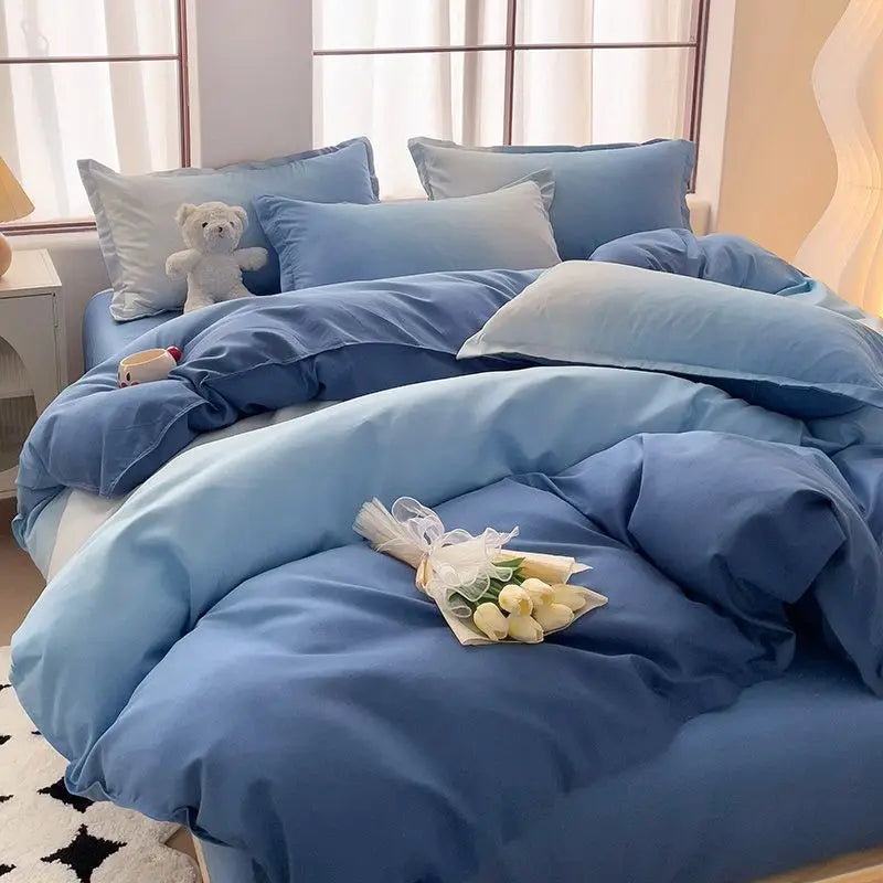 INS Gradient Color Bedding Set Adult Girl Fashion Duvet Cover Soft Washed Cotton Quilt Cover Flat Bed Sheet Pillowcase