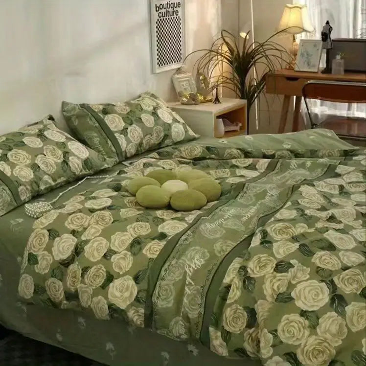 Ins Retro Flower Bedding Set Flat Bed Sheet Pillowcase Twin Full Queen Size Bed Linen Women Girls Caramel Floral Duvet Cover Set