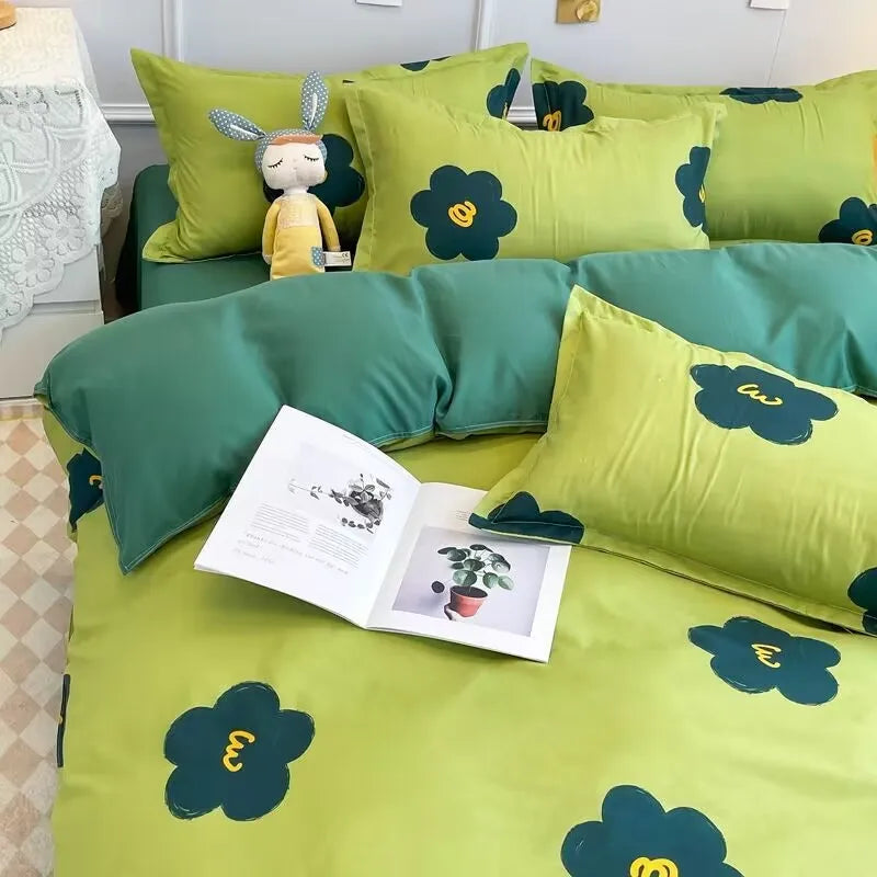Korean Style Fashion Bedding Set Kids Adults Twin Full Queen Size Blue Bed Flat Sheet Duvet Cover Pillowcases Floral Bed Linen