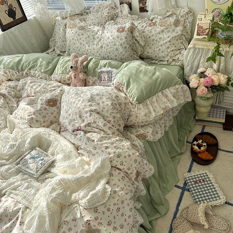 3/4Pcs Korean Princess Style Floral Ruffles Bedding Set Skin-friendly Soft Duvet Cover Set Bed Sheet Or Bed Skirt Pillowcases