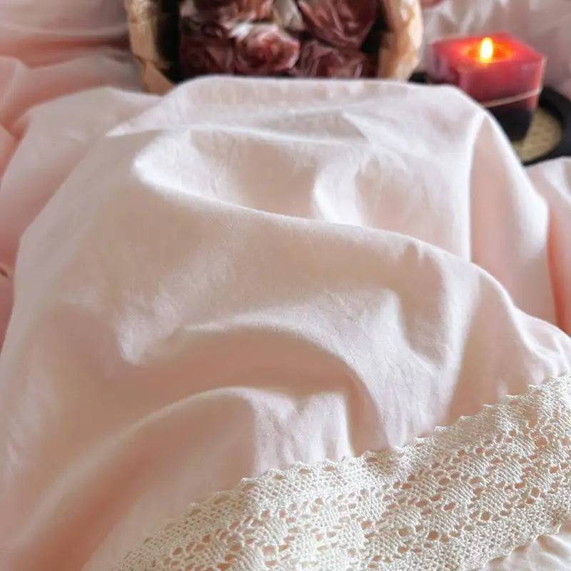 Pink Luxury Princess Wedding Lace Ruffles 100% Cotton Bedding Set Duvet Cover Bed Sheet/Bed Skirt/Fitted Sheet Pillowcases 4Pcs