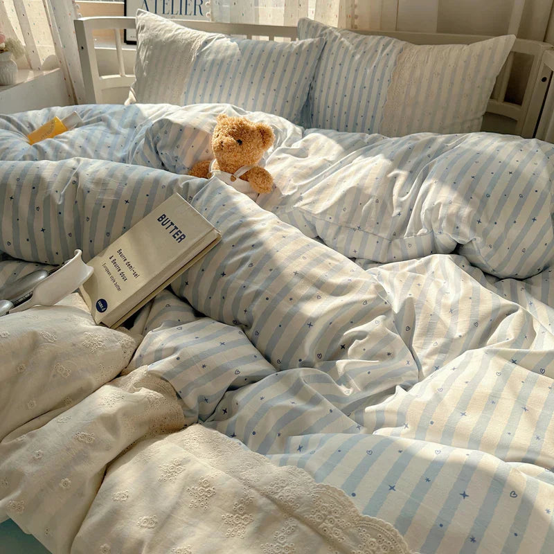 Striped Princess Bedding Set INS Nordic Girls Soft Washed Cotton Bed Flat Sheet Twin Queen Size Duvet Set Pillowcase Bed Linens