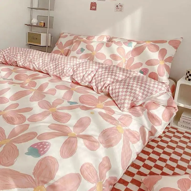 Red Cherry Plaid Duvet Cover Set with Sheet Pillowcase Soft Cover NoFilling Warm Bed Linen Twin Full Queen Size Home Bedding Set