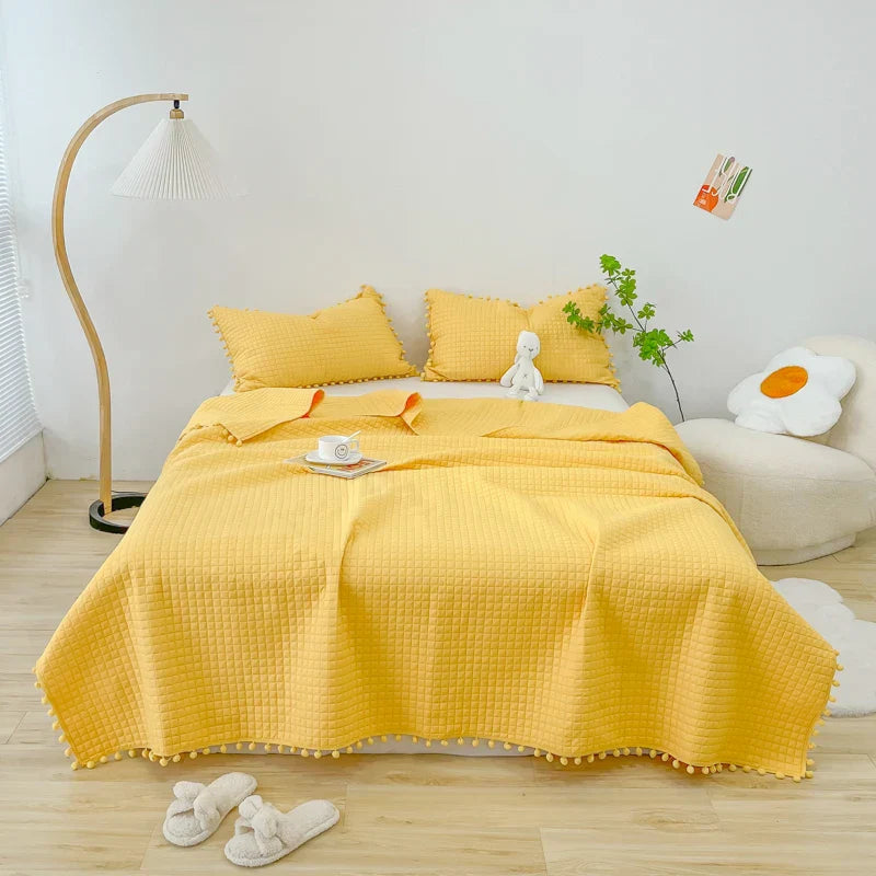 INS Style White Ball Edge Quilted Quilt Blanket Bedspread Washed Solid Color Korean Princess Style Summer Thin Quilt 1/3Pc
