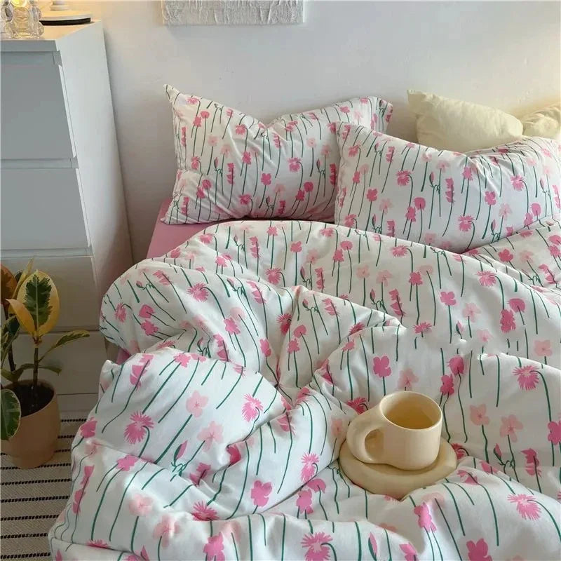 Romantic Bedding Set Floral Ins Style Duvet Cover Flat Sheet with Pillowcases Single Queen Full Size Boys Girls Korean Bed Linen