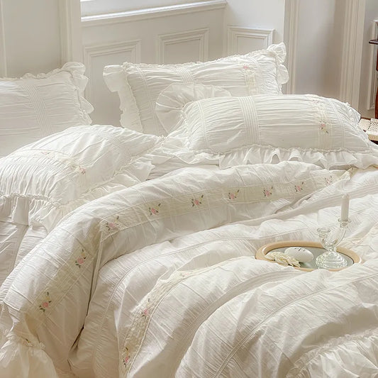 Korean Style Embroidery&Patchwork Bedding Set Soft 40S Washed Cotton Pillowcases Bed Sheet Duvet Cover Set Queen King Size 4pcs