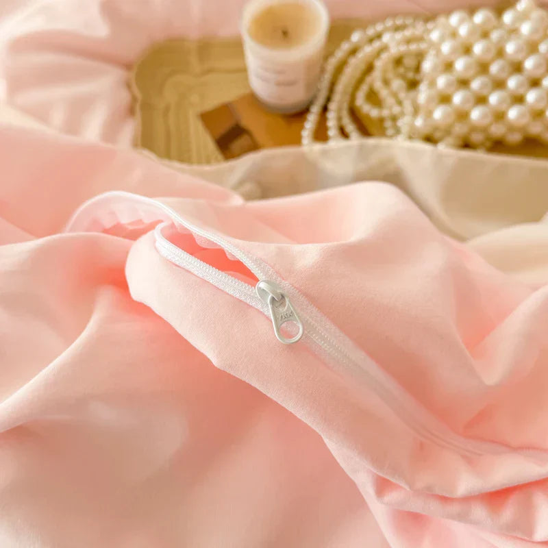 Korean Princess Style Lace Ruffles Rose Embroidery Wedding Bedding Set Duvet Cover Set Flat/Fitted Bed Sheet Pillowcases 4Pcs