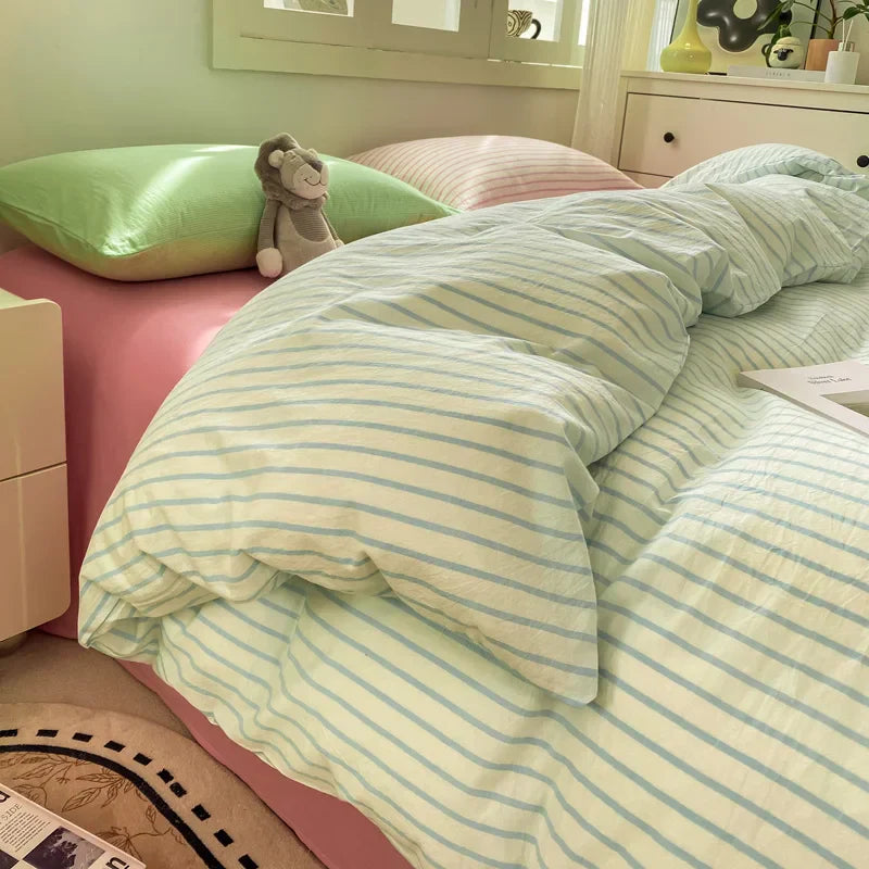 Striped Bedding Set Ins Korean Duvet Cover Set Flat Sheets Set With 2 Pillowcases Single Twin Full Queen Size Bed Linen Set