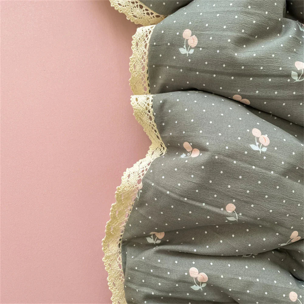 INS Girls Cherry Soft Bedding Set Washed Cotton Bed Sheet Queen King Size Duvet Set Flower Comforter Set Pillowcase Bed Linens