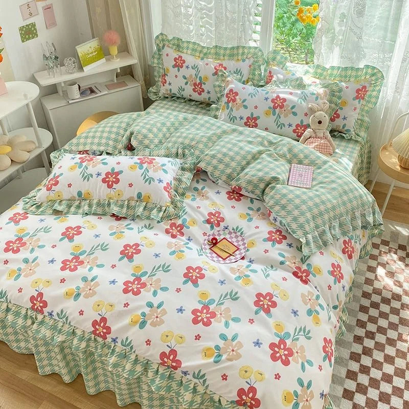 Pink Korean Princess Bedding Set No Filling Cute Strawberry Duvet Cover Checkerboard Single Queen Size Bed Linen Pillowcases
