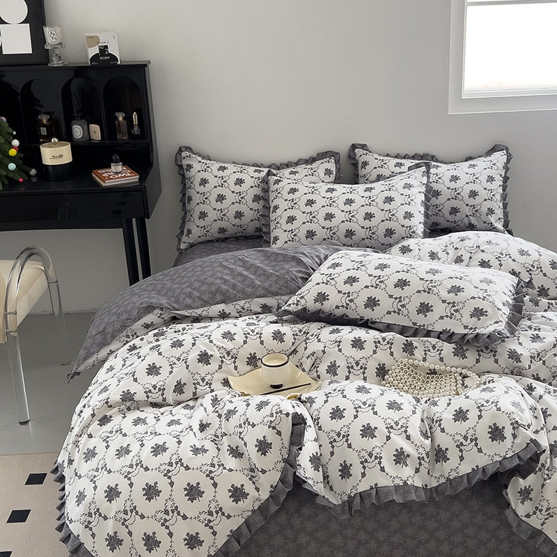 Korean Princess Style Ruffles Bedding Set Duvet Cover Set Flower Printing Quilt Cover Bed Sheet Or Fitted Sheet With Pillowcases