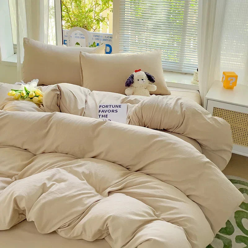 Solid Bed Linen Cotton Bedding Set 4pcs with Sheet Duvet Cover Pillowcases Single Couple Bedsheet Single Couple Twin Size
