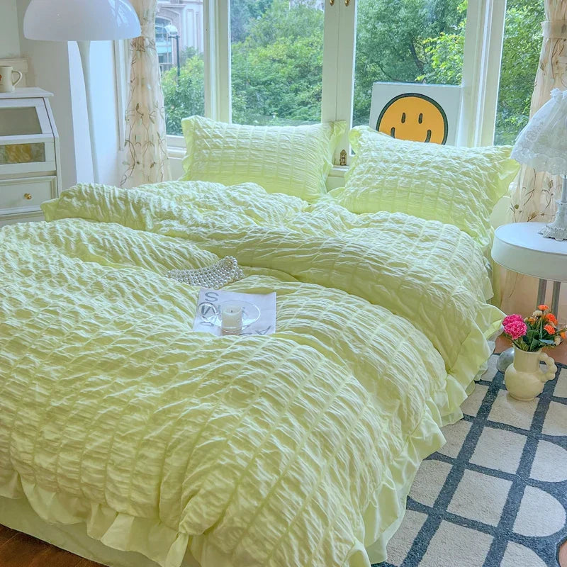 Korean Princess Style Lace Ruffles Bedding Set Skin-friendly Soft Seersucker Duvet Cover Set Bed Sheet Or Bed Skirt Pillowcases