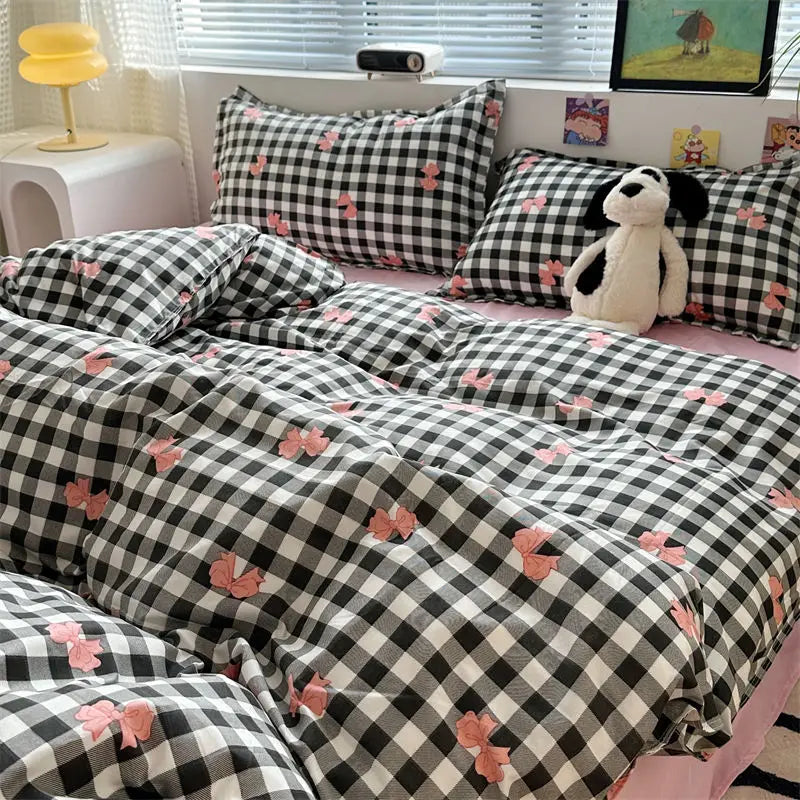 Japanese Style Duvet Cover Set No Filler Blue Plaid Pillowcase Flat Sheet Nordic Single Queen Size Bedding Set