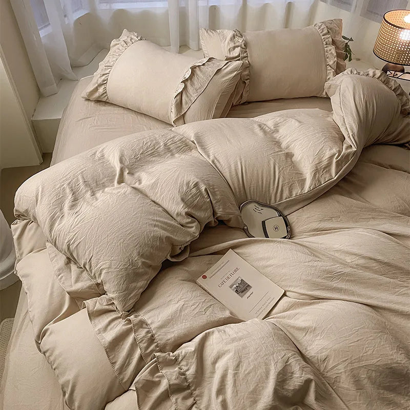 Ins Princess Bedding Set Double Layer Lace Simple Solid Duvet Cover Soft Wash Cotton 4pcs For Girl Spring Home Textiles