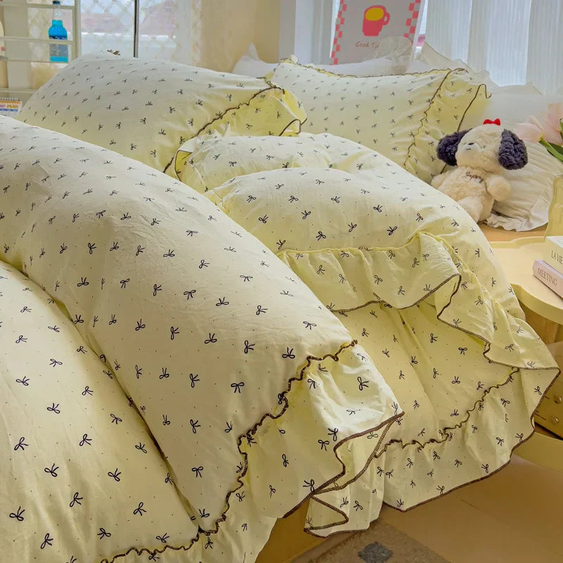 Korean Princess Style Floral Ruffles Bedding Set Washed Cotton Skin-friendly Soft Duvet Covers Set Bed Sheet Pillowcases 3/4Pcs