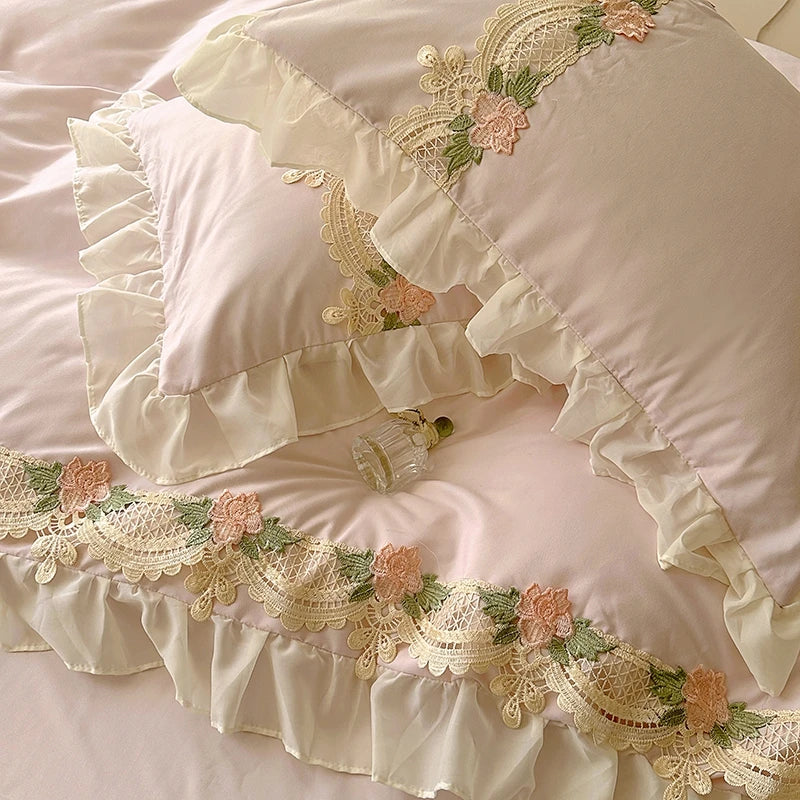 Korean Princess Style Flowers Lace Ruffles Duvet Covers Bed Skirt/Fitted Sheet Pillowcase Bedding For Girls Luxury Home Textiles