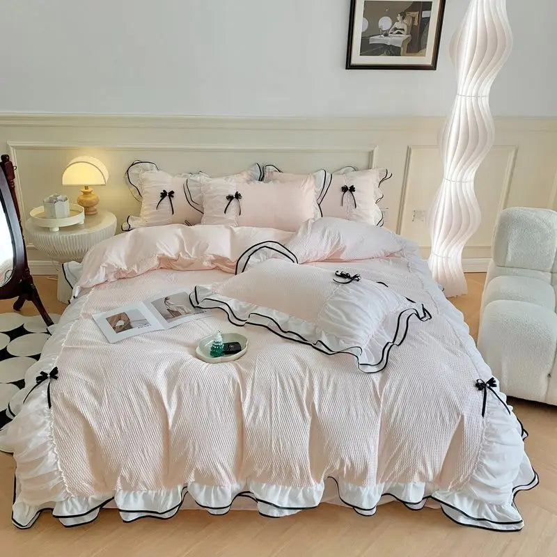 Korean Princess White Bedding Set For Women Double Ruffle Lace Duvet Cover Full Queen Solid Color Comfortable Falt Bed Sheet Set