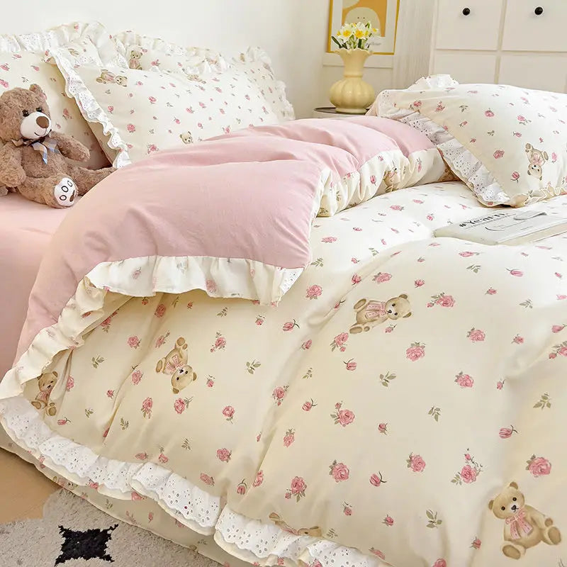 Princess Style Lace Ruffles Bedding Set Purple Tulips Duvet Cover and Flat Sheet Pillowcases Girls Romantic Floral Home Textiles