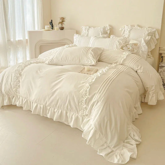 Korean Princess Bedding Set - 4PC Lace Trim Duvet Cover + Pillowcases (Solid Color, Queen/King Size for Girls)