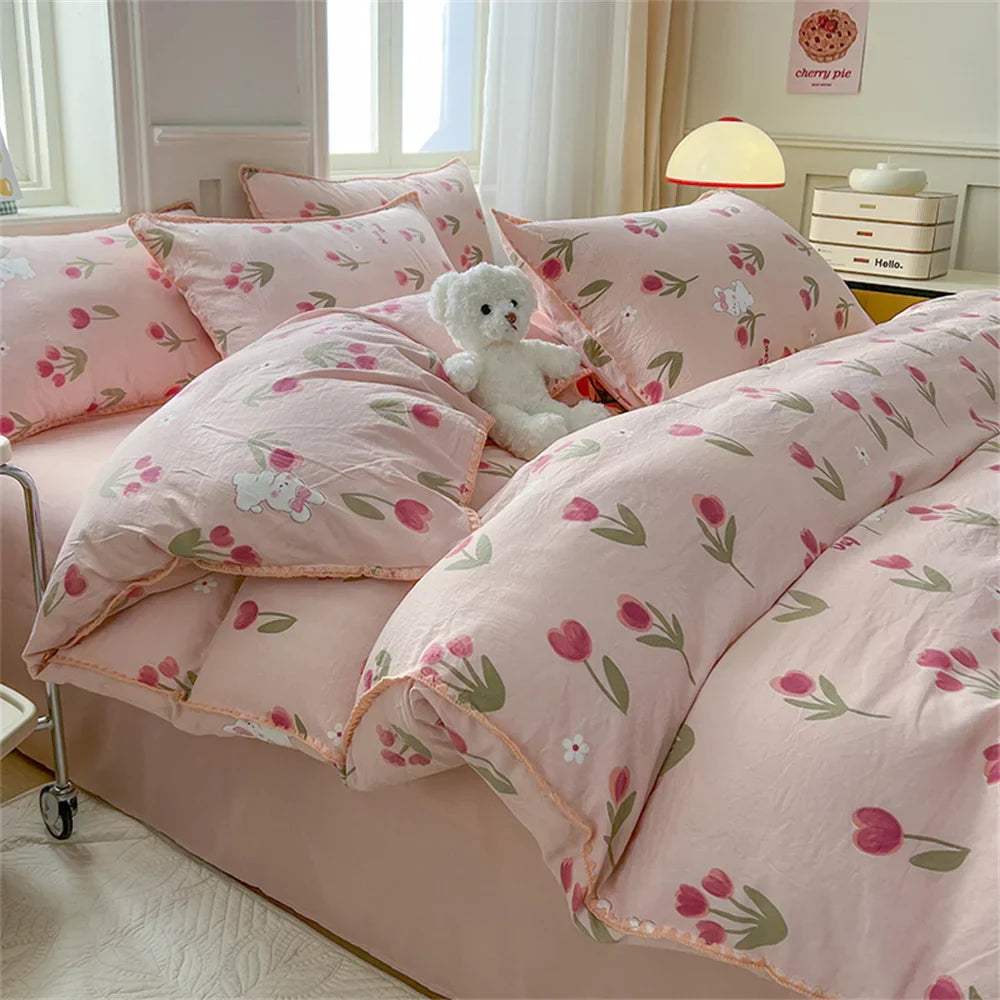 Washed Cotton Duvet Cover Purple Cherry Bed Sheet Pillowcase for Adults and Kids Home Textiles Four-piece Bedding Set