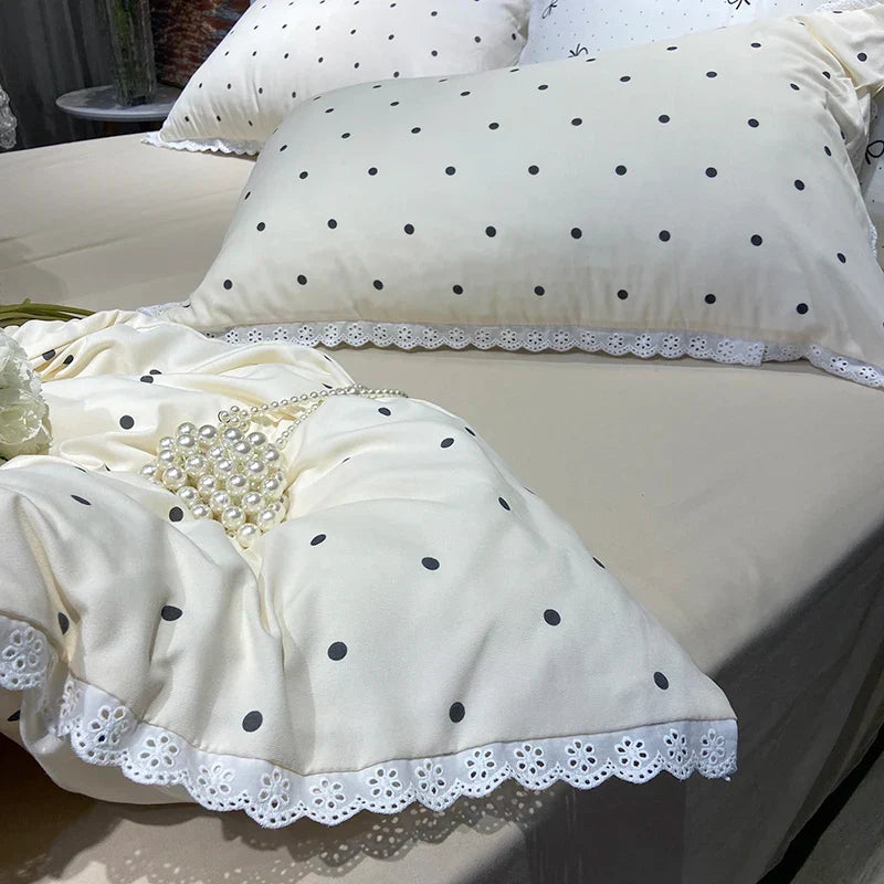 Ins Polka Dots Bedding Set Simple Print Duvet Cover Set With Pillowcases Flat Fitted Sheet Washed Cotton Skin Friendly For Adult
