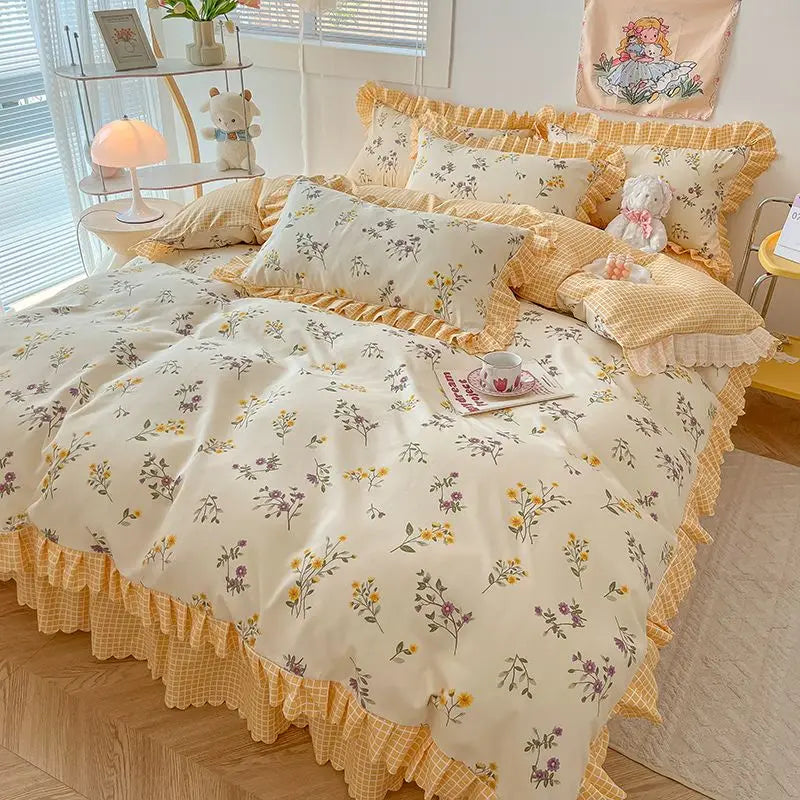 Pink Korean Princess Bedding Set No Filling Cute Strawberry Duvet Cover Checkerboard Single Queen Size Bed Linen Pillowcases