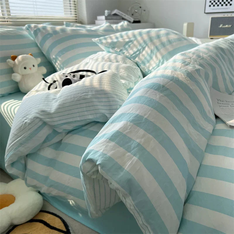 Washed Cotton Double Yarn Crepe Striped Quilt Set 3-4 Pillowcase with Sheet Bedding Cover Supplies 200x230 220x240 Skin Friendly