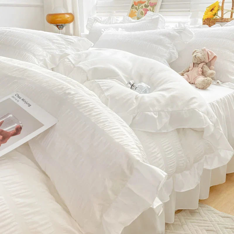 Korean Style Bedding Set Duvet Cover Flat Bed Sheet Bed Skirt Princess Style Ruffle Quilt Cover For Girls Summer Bed Linen