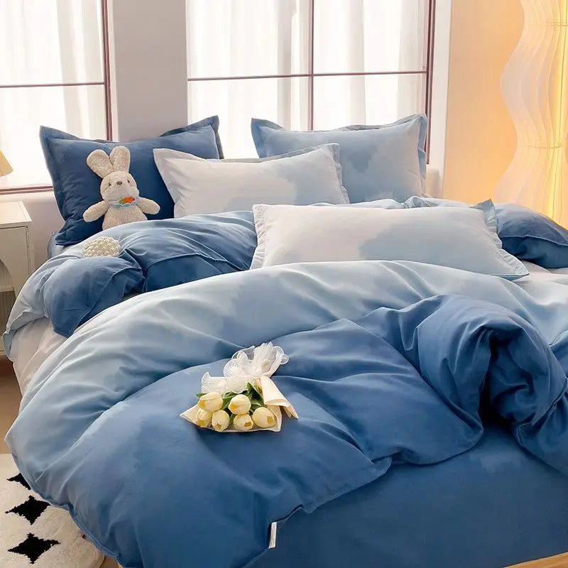 INS Gradient Color Bedding Set Adult Girl Fashion Duvet Cover Soft Washed Cotton Quilt Cover Flat Bed Sheet Pillowcase