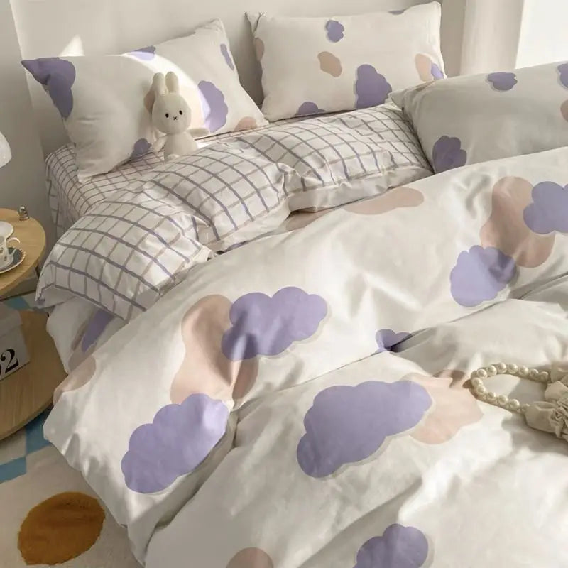 Floral Korean Style Duvet Cover Set No Filler Pillowcase Flat Sheet Twin Queen Size Boys Grils Romantic Bedding Kit