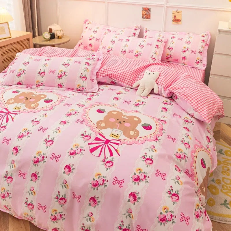 Ins Princess Pink Heart Duvet Cover Home Textile Pillow Case Bed Sheet Kids Girls Bedding Covers Set King Queen Twin Cute Kawaii