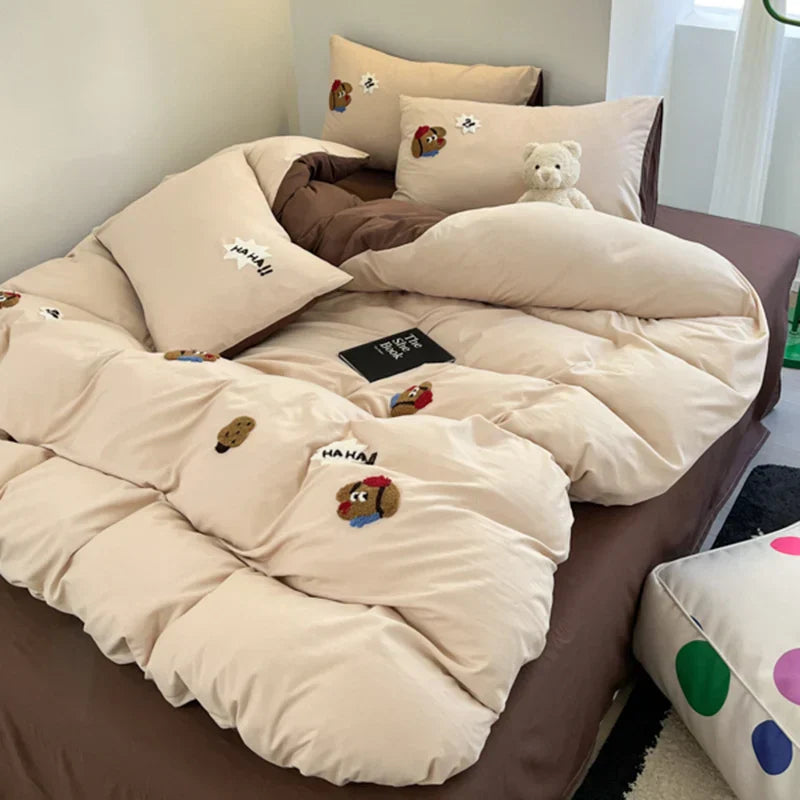 Ins Cartoon Panda Bedding Set Towel Embroidery Duvet Cover Queen Twin Full Size Grey Bed Flat Sheet Quilt Cover Pillowcases